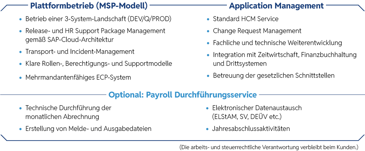 Übersicht über Plattformbetrieb (MSP-Modell) versus Application Management. Optional: Payroll Durchführungsservice. Die arbeits- und steuerrechtliche Verantwortung verbleibt beim Kunden.